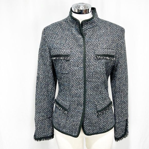 ELIE Tahari Tweed Military Tweed Jacket Fringe Detail Navy Blue